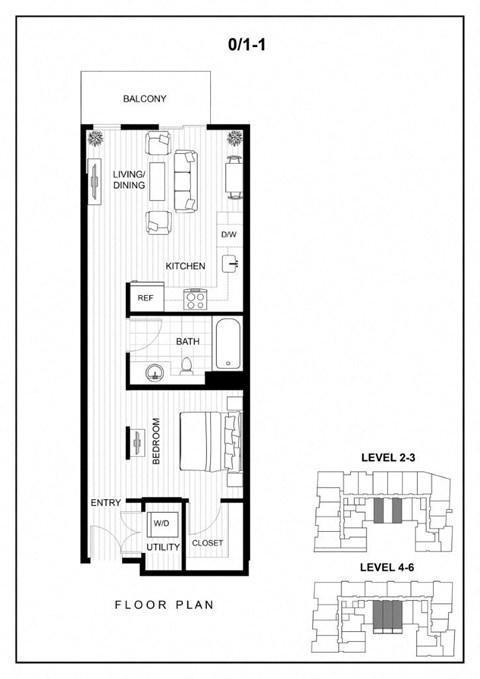 Floor plan for 1 bed, 1 bath, 604 sqft